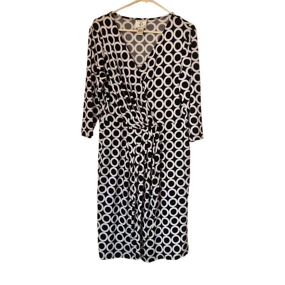 ICE Women's Dress Black White Faux Wrap Size 1X Circle Print